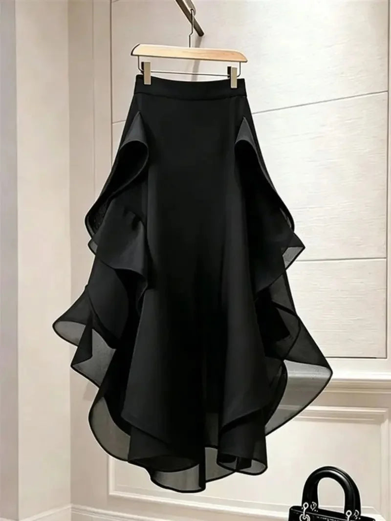 Limiguyue French Retro A-line Mesh Midi Black Skirt Women Summe...