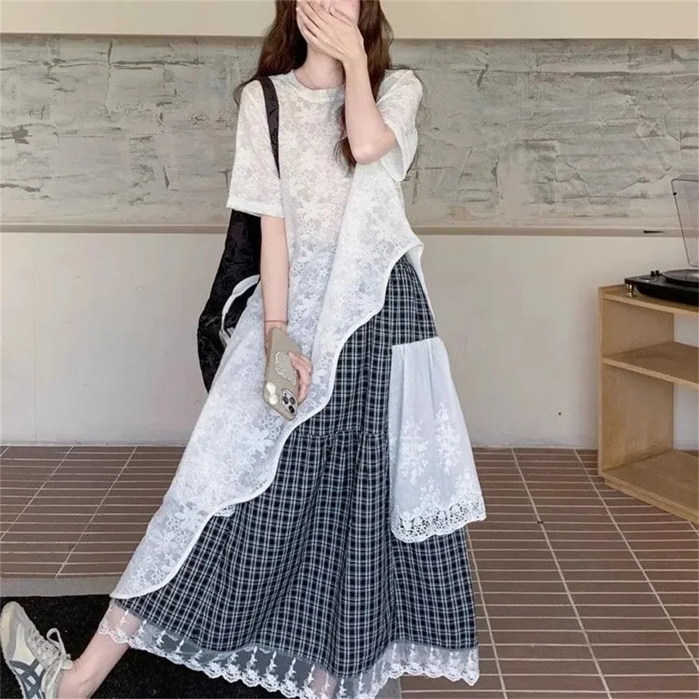 Retro Plaid Pleated Skirt Lace Patchwork Irregular Patchwork Lo...