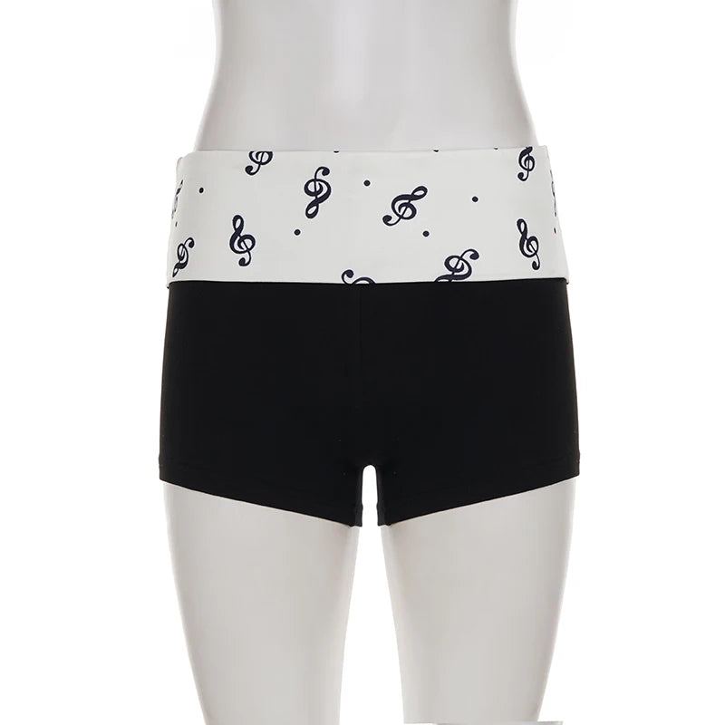 SUCHCUTE Y2k Music Note Print Elastic Shorts Women Skinny Low-waisted Mini Short Streetwear Slim Bottoms Summer Casual Homewear