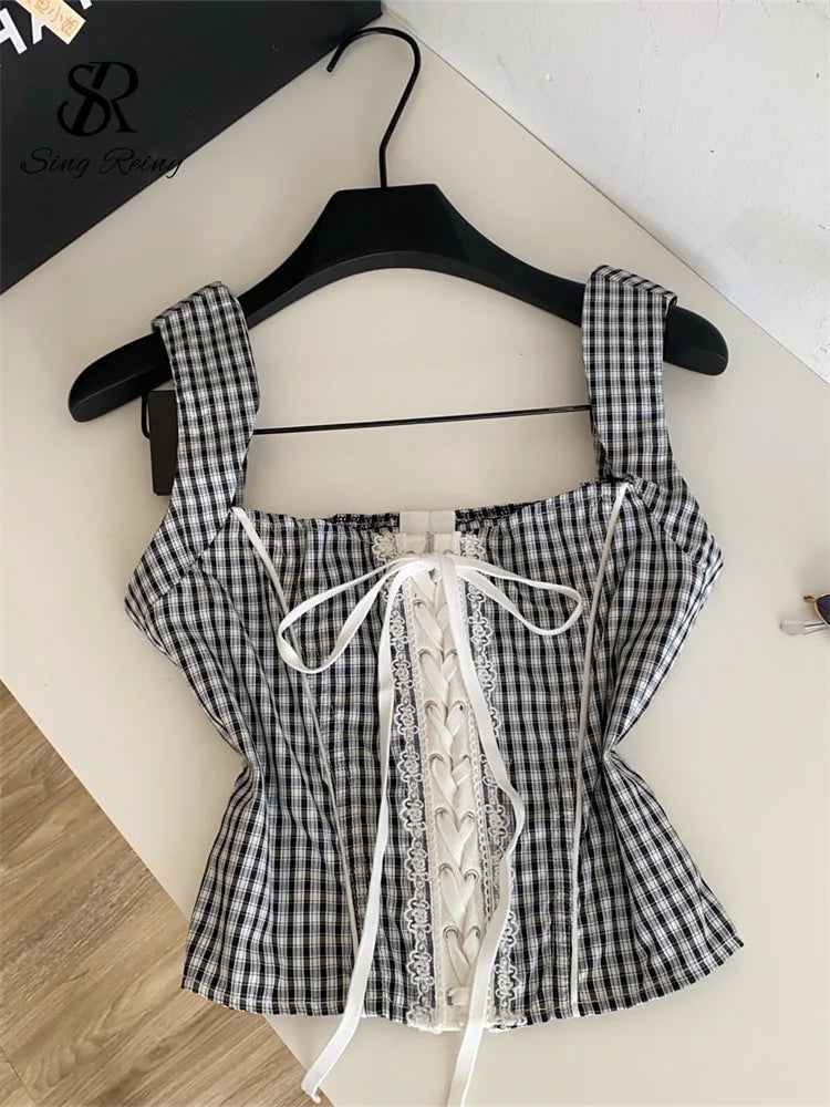 SINGREINY Gingham Hotsweet Corset Top Summer Lace Splice Lace U...