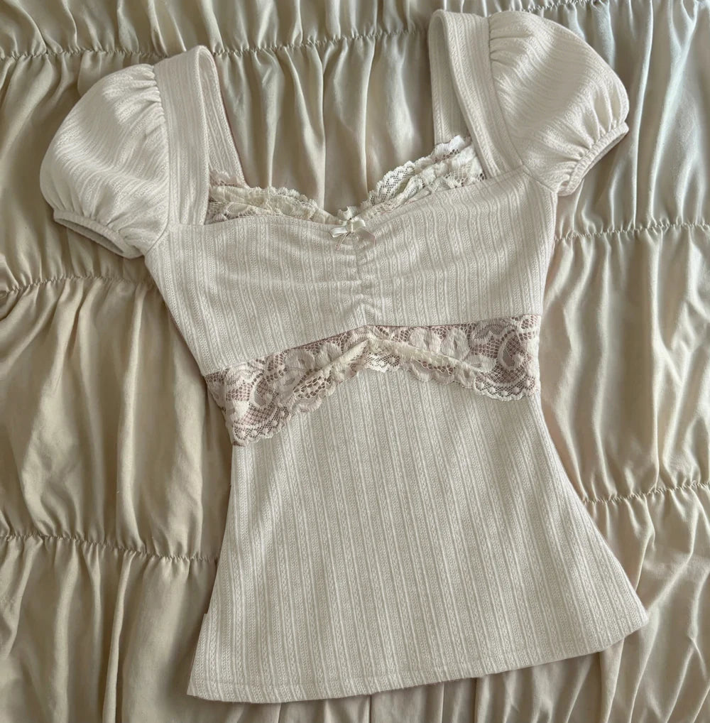 Summer Lace Patchwork Coquette T-shirt Ribbed Knit Slim Fit Milkmaid Tees Women Short Sleeve Y2k Grunge Crop Tops Aesthetic